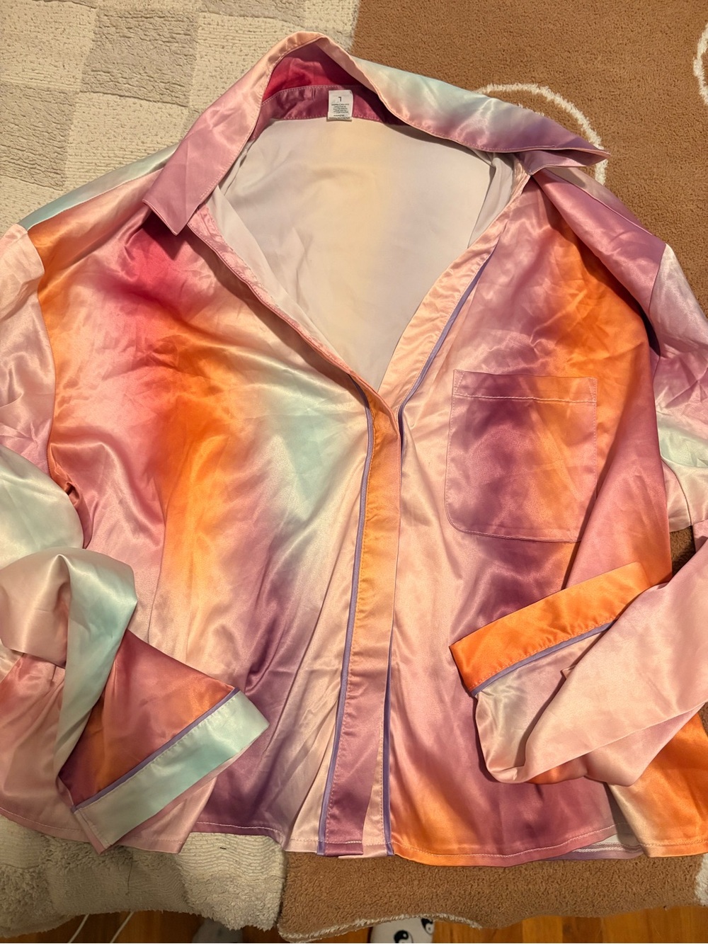 Satin Ombre Button-Up Cropped Shirt in Pastel Rainbow